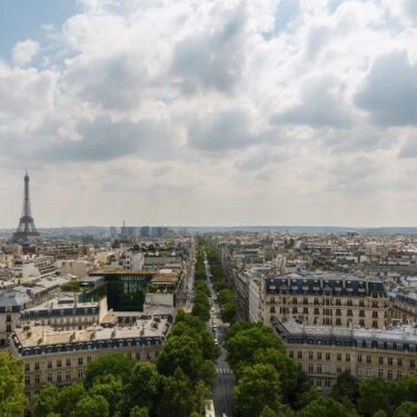 Vue panoramique de Paris avec la Tour Eiffel au loin et une grande avenue arborée.