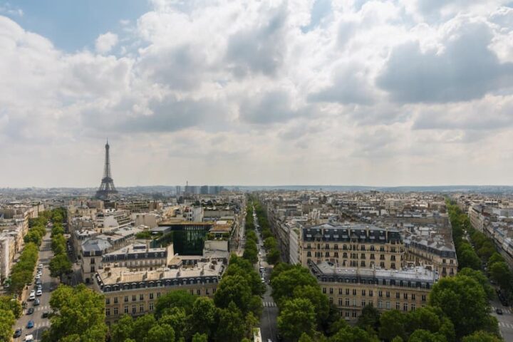 Vue panoramique de Paris avec la Tour Eiffel au loin et une grande avenue arborée.