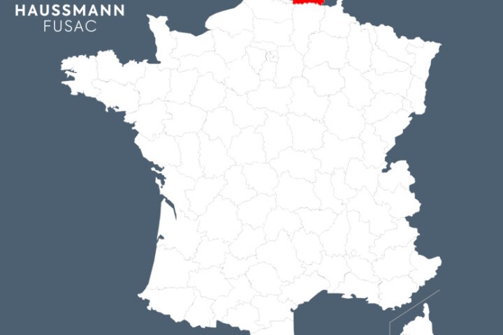 Carte de France avec le département du Nord mise en évidence en rouge et le logo Haussmann Fusac en haut à gauche sur fond bleu-gris