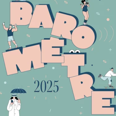 Illustration vectorielle baromètre 2025 avec personnages en activité physique sur lettres géantes roses