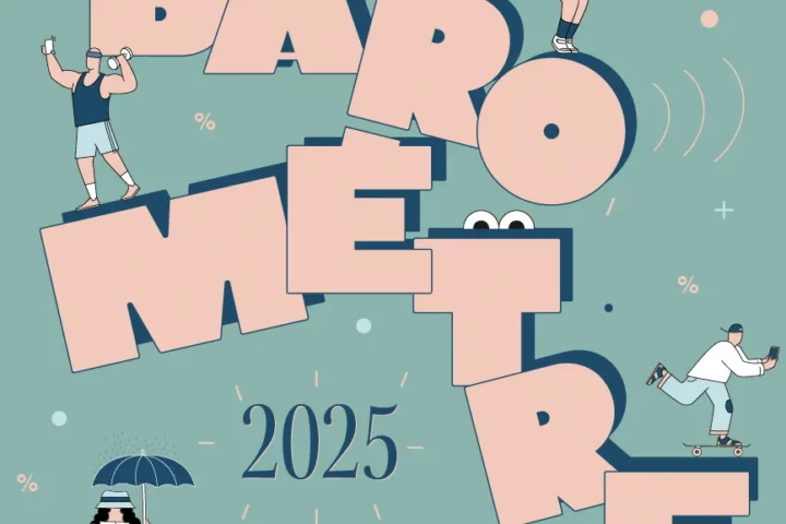 Illustration vectorielle baromètre 2025 avec personnages en activité physique sur lettres géantes roses