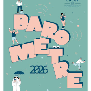 Illustration vectorielle baromètre 2026 avec personnages en activité physique sur lettres géantes roses