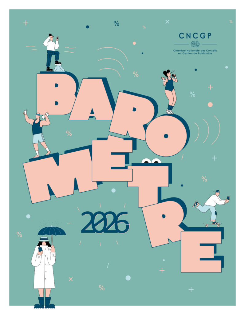 Illustration vectorielle baromètre 2026 avec personnages en activité physique sur lettres géantes roses