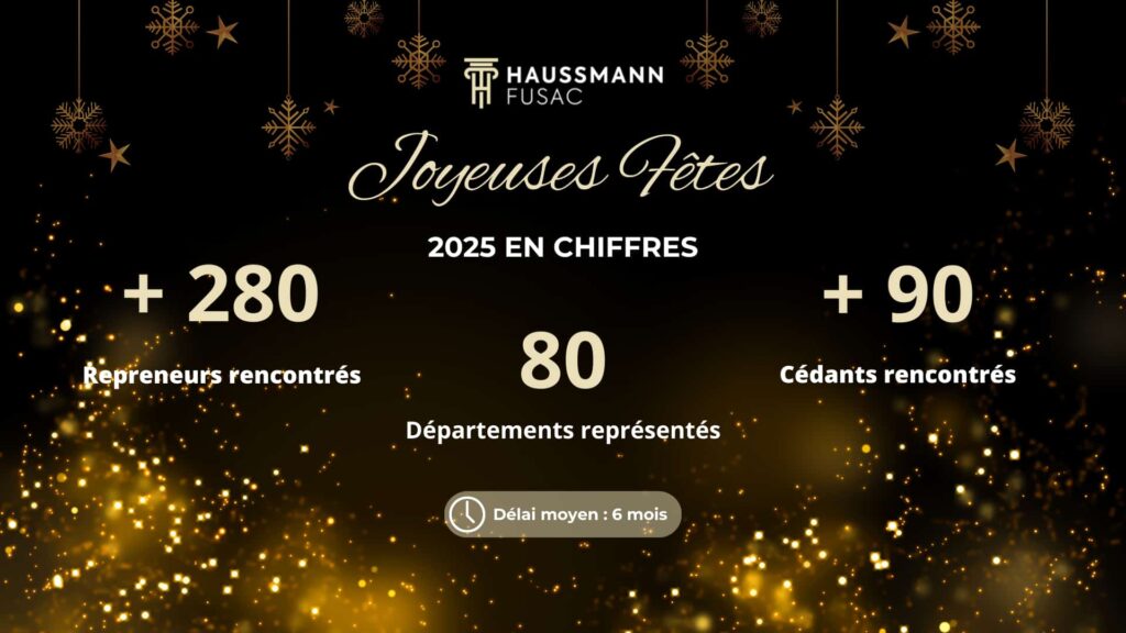 Carte de vœux de Haussmann Fusac résumant l’année 2025 en chiffres, sur fond noir et doré festif.