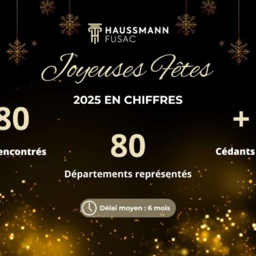 Carte de vœux de Haussmann Fusac résumant l’année 2025 en chiffres, sur fond noir et doré.