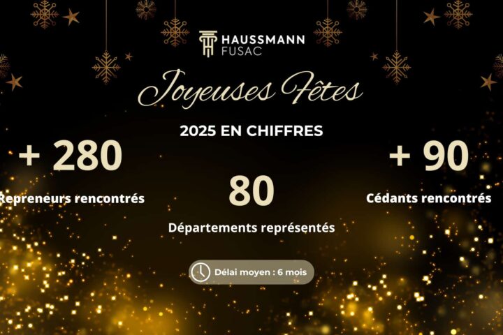 Carte de vœux de Haussmann Fusac résumant l’année 2025 en chiffres, sur fond noir et doré.