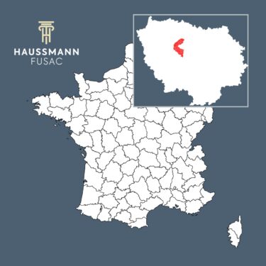 Carte de France avec zoom sur les Hauts-de-Seine (92), cabinet à vendre identifié par Haussmann Fusac.