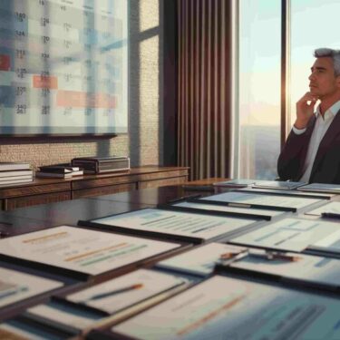 Homme en costume réfléchissant devant un bureau rempli de documents, avec un grand calendrier mural, dans un bureau lumineux avec vue panoramique.