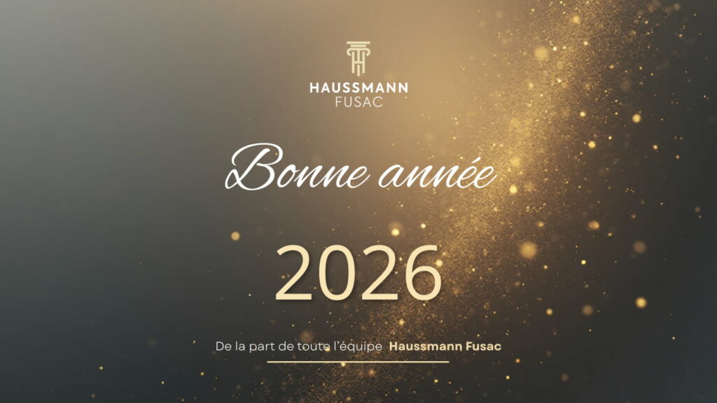 Carte de vœux Haussmann Fusac 2026 avec message "Bonne année" sur fond doré scintillant, logo en haut et signature de l’équipe en bas.